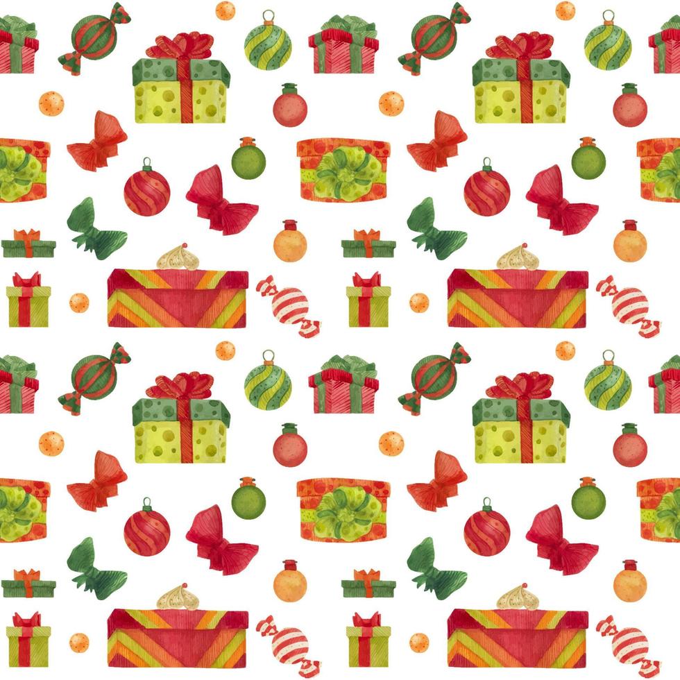 Christmas seamless watercolor pattern with sweets and gift boxes on a white vector