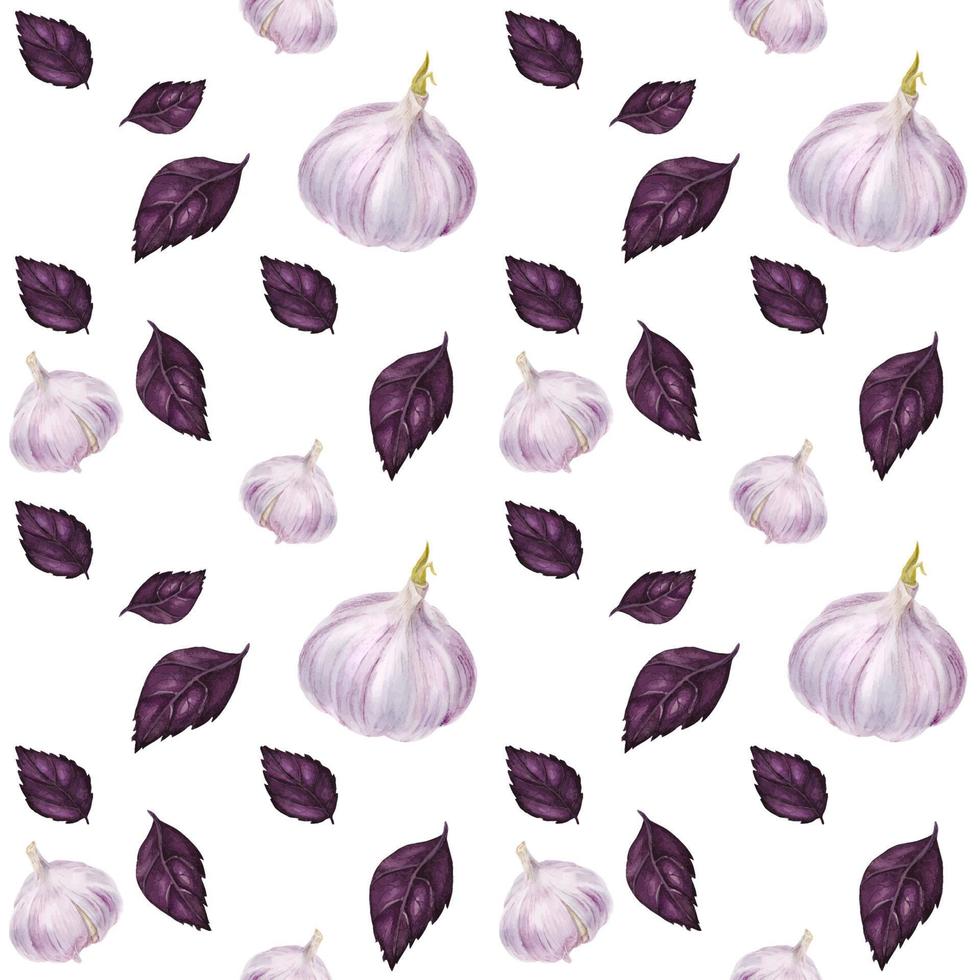 Traced watercolor seamless pattern with garlic and violet basil vector