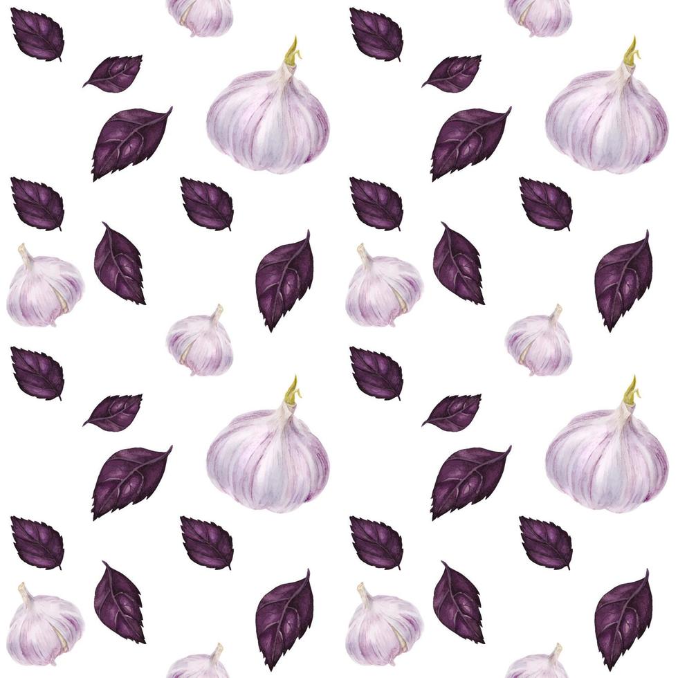 Traced watercolor seamless pattern with garlic and violet basil vector