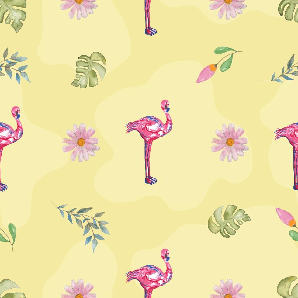 Flamingo With Monstera Watercolor Seamless Pattern vector