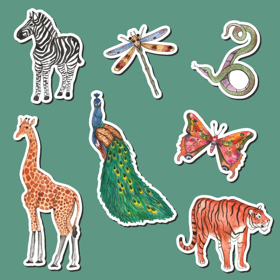 Exotic Animals Watercolor Stickers Set vector