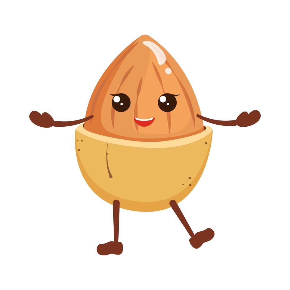 Almond with eyes and smile. Nut in the form of an emoji. Food character. Vector illustration of cartoon kawaii food