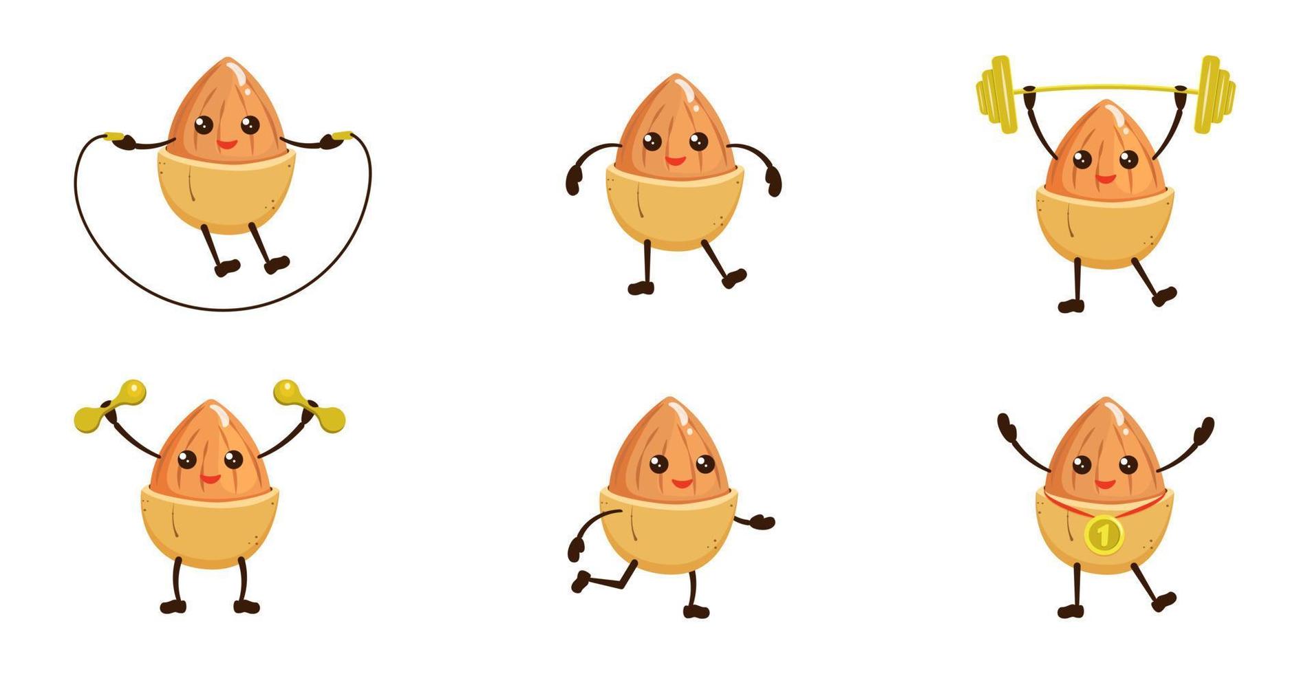 Almond kawaii is engaged in fitness. Cartoon illustration of nuts with sports equipment vector
