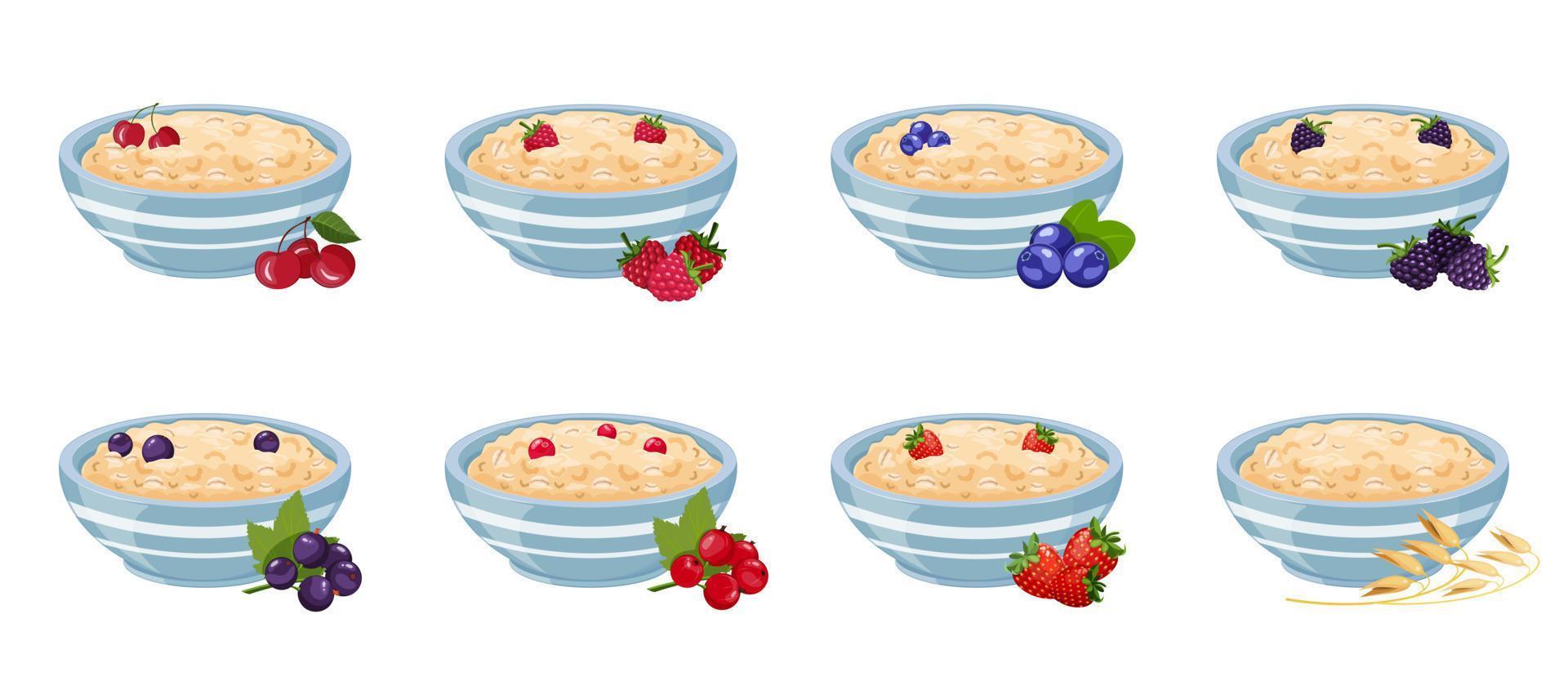 Oatmeal in blue bowl with berries. Vector illustration of healthy breakfast. Flakes with cherries, raspberries and various fruits.