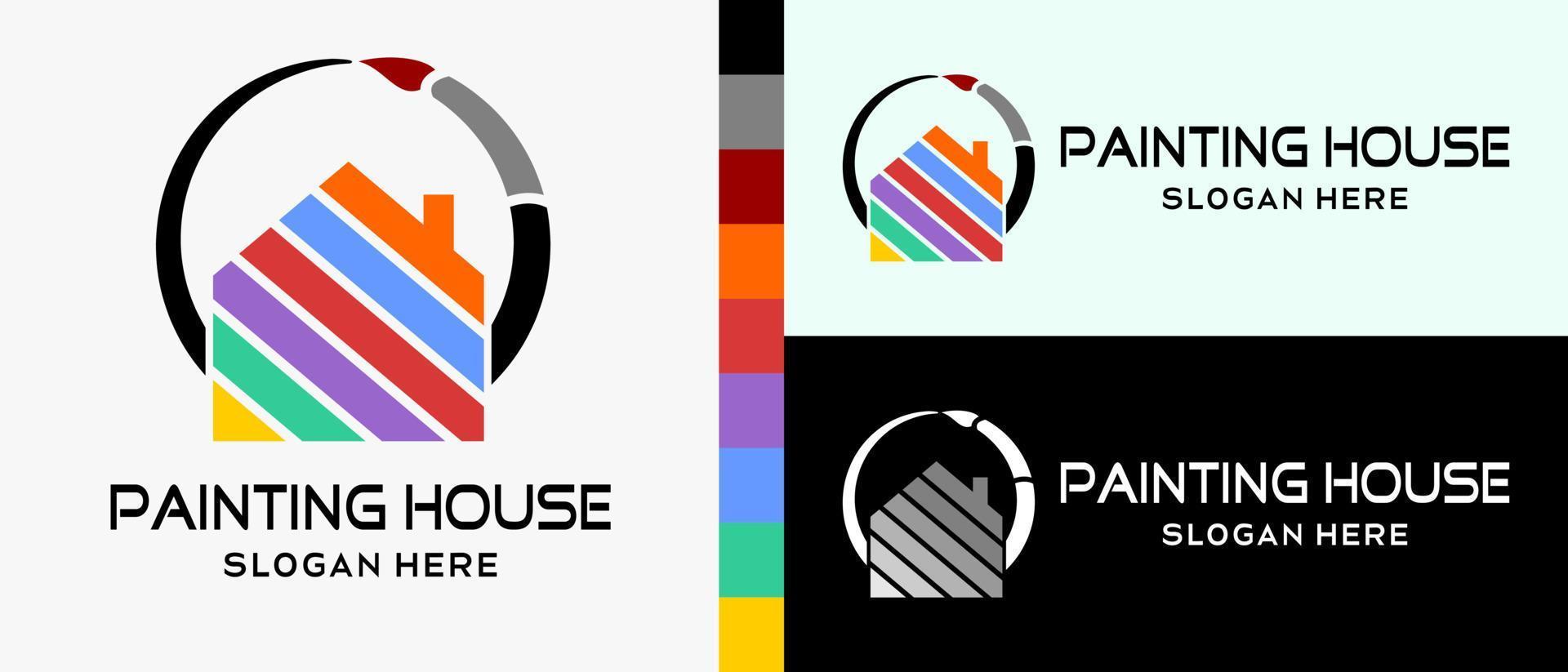 Painting brush logo design template and house icon with rainbow color concept. premium vector logo illustration