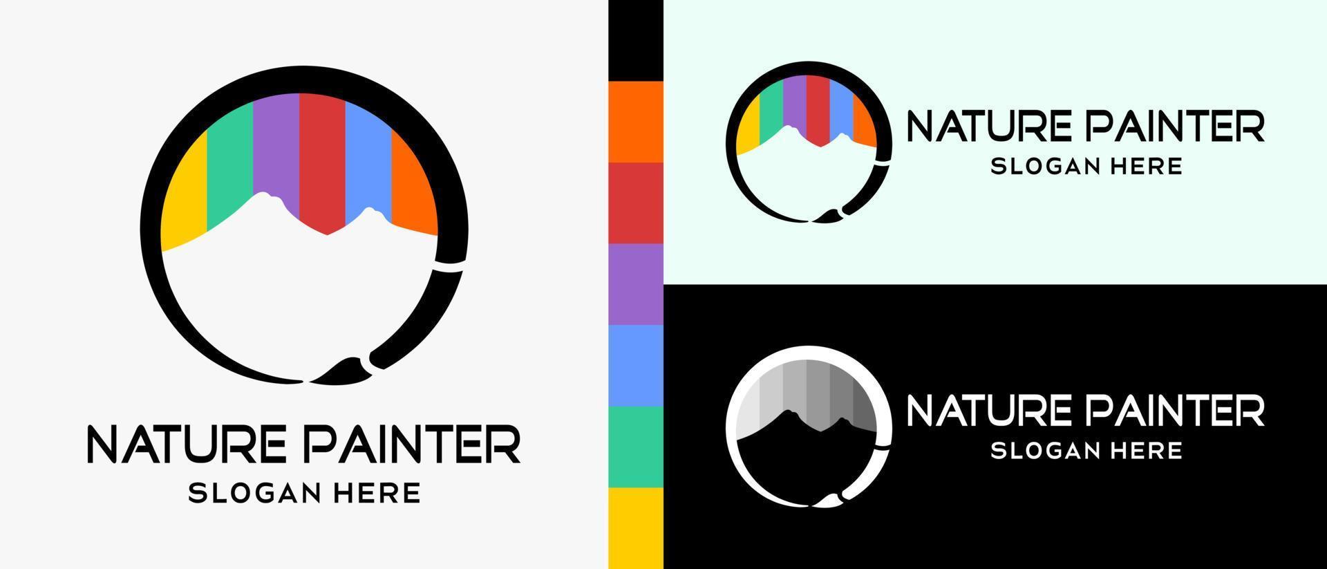 plantilla de diseño del logotipo del pincel de pintura e icono de la montaña con el concepto creativo de los colores del arco iris en un círculo. ilustración de logotipo de vector premium