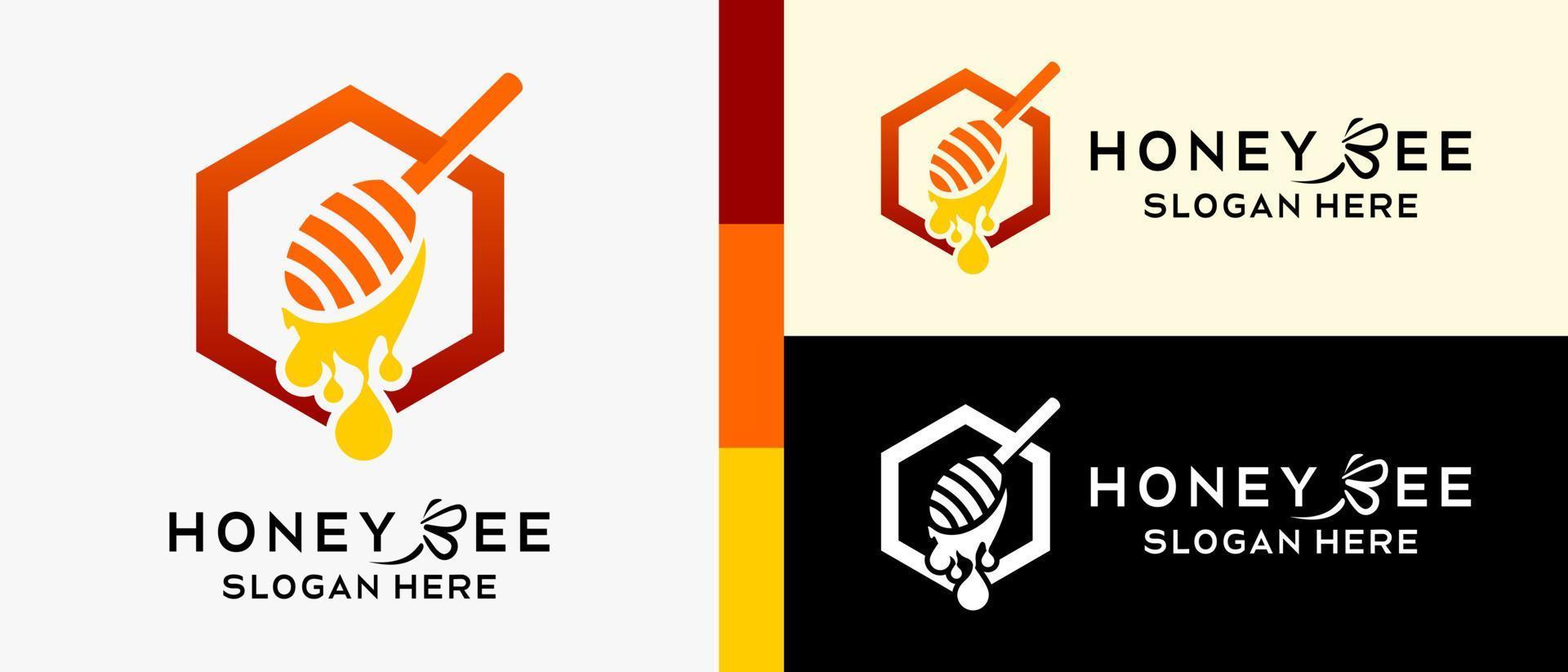 honey bee logo design template with creative elements concept, honey spoon or honey dipper in hexagon. premium vector logo illustration