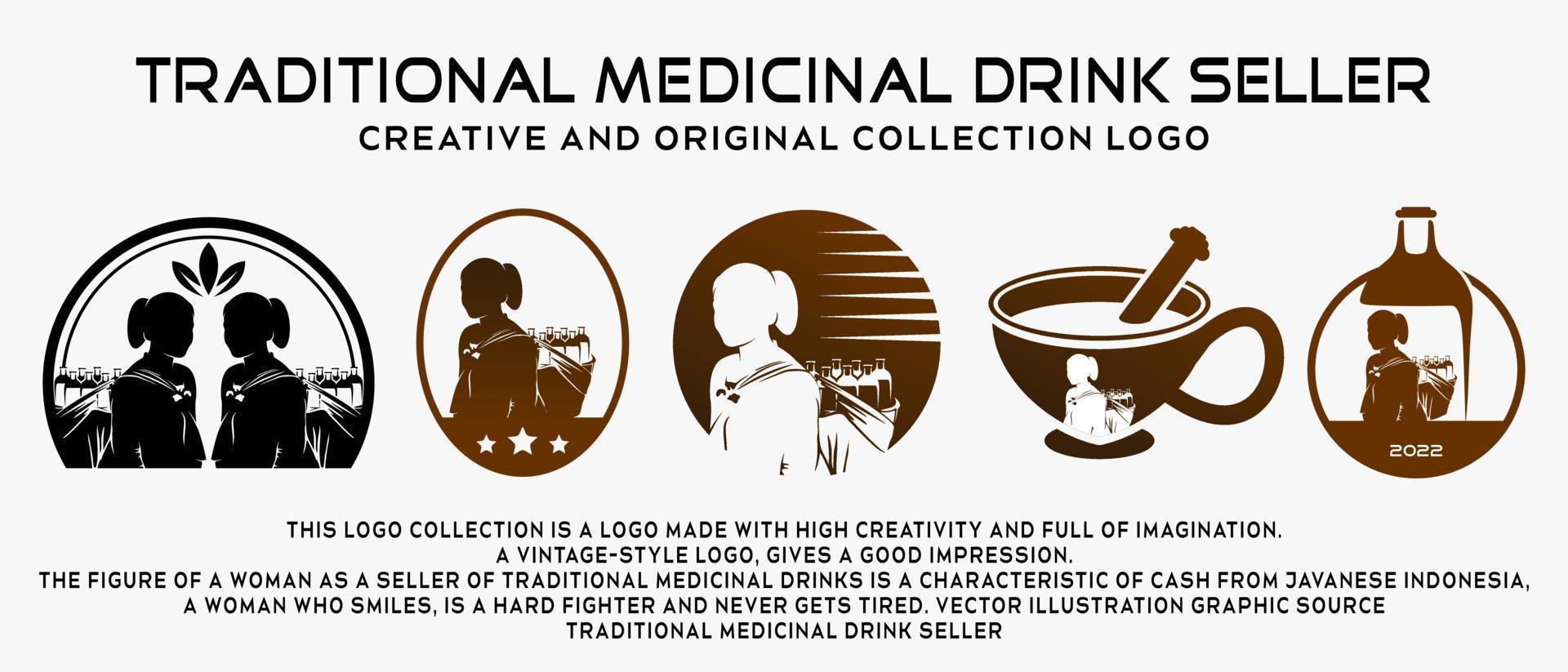 una colección de logos de mujeres que venden bebidas medicinales tradicionales en siluetas en un estilo vintage, elegante y creativo. ilustración de logotipo para bebida de salud de vector premium