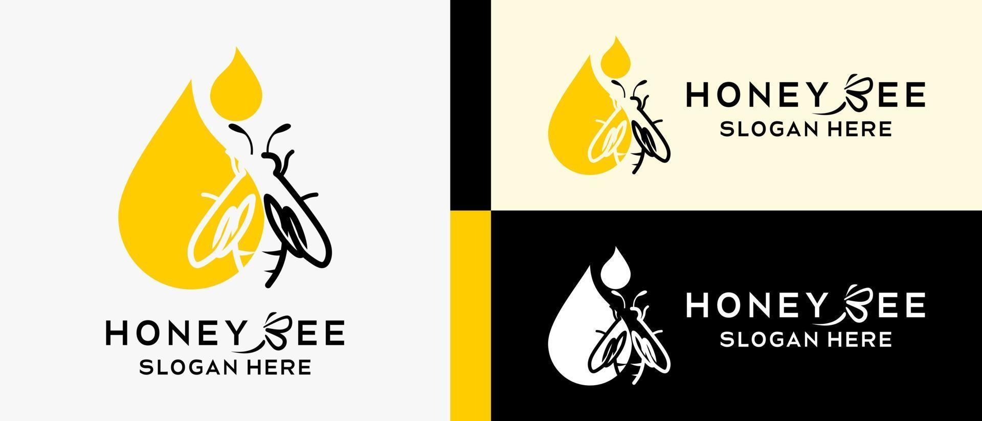 plantilla de diseño de logotipo de abeja de miel con concepto creativo, gota de miel y elementos de abeja en el arte lineal. ilustración de logotipo de vector premium