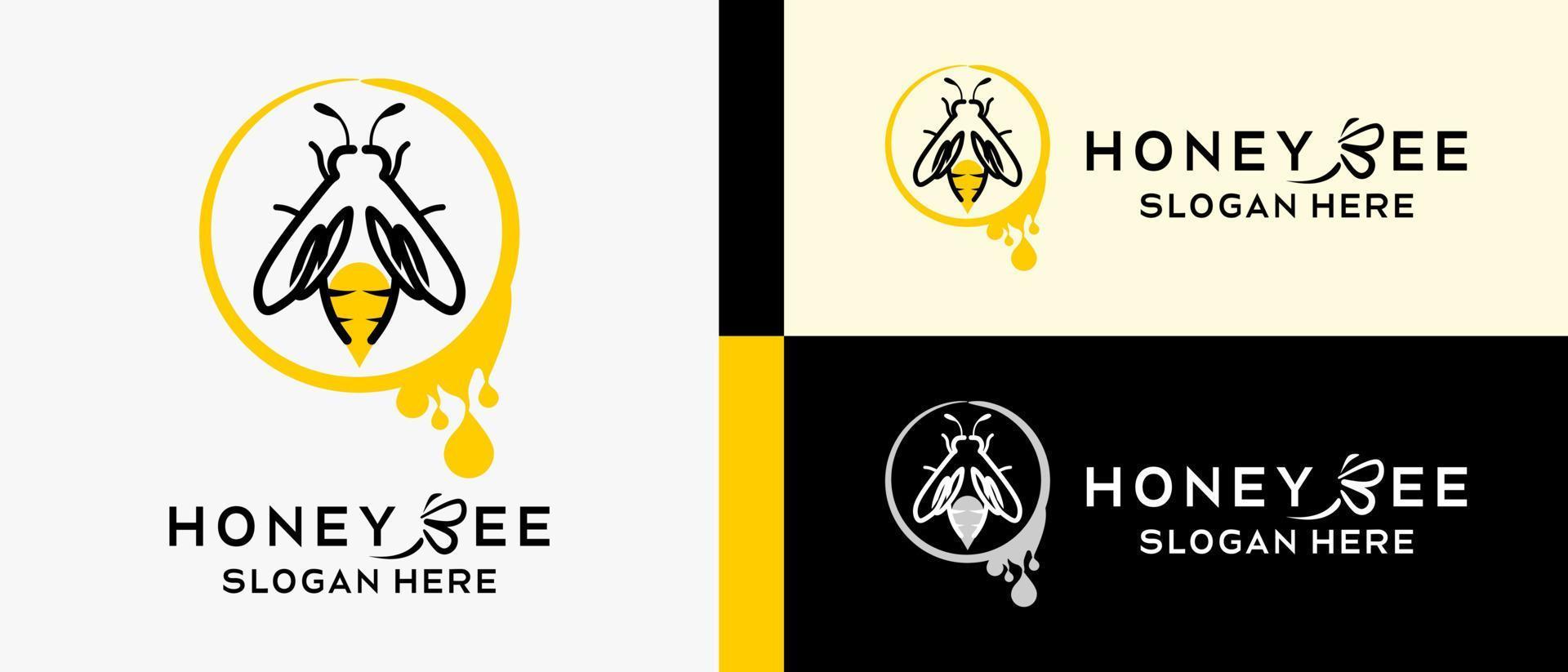 honey bee logo design template with line art concept, bee in circle with honey drop element. premium vector logo illustration