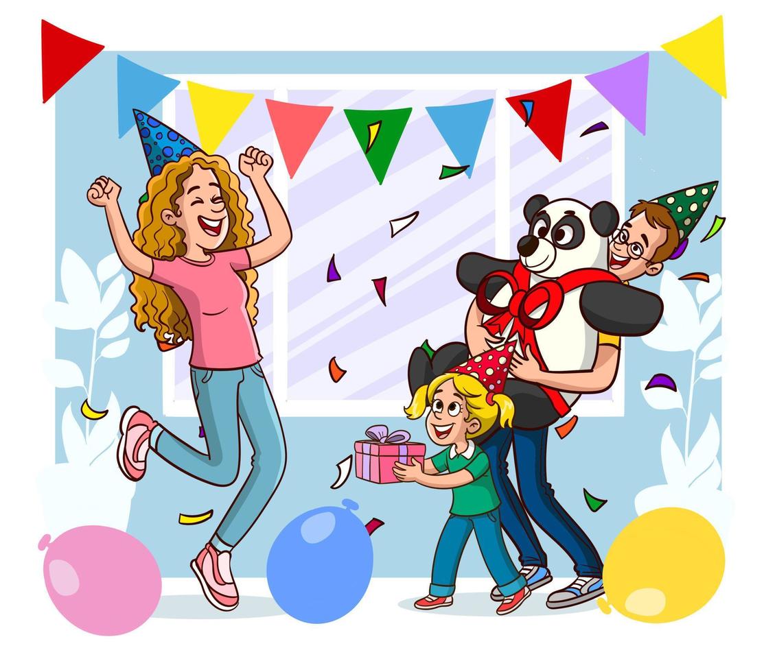 ilustración vectorial de linda familia celebrando cumpleaños vector