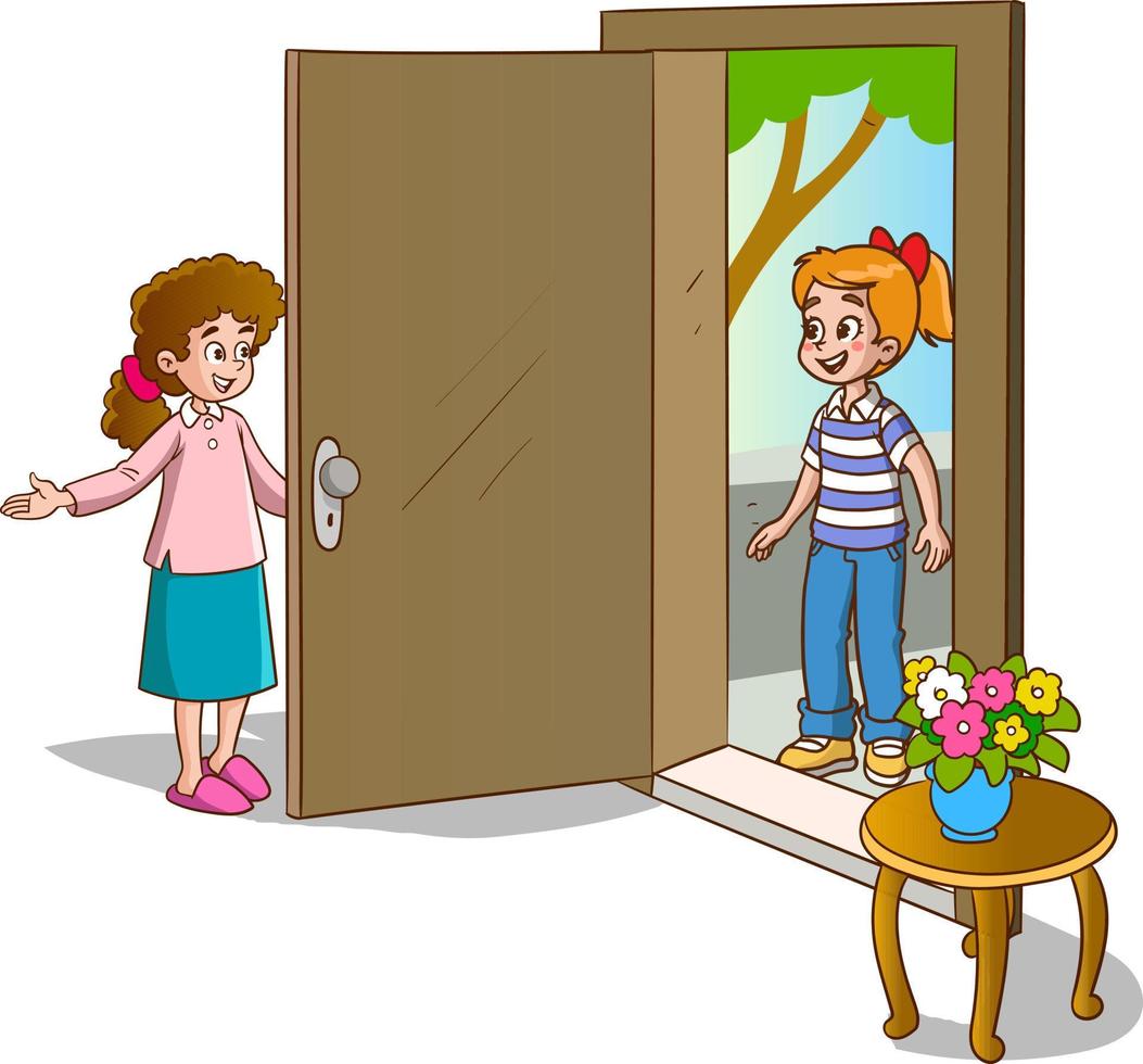 Girl Welcoming Guests At The Door 12744327 Vector Art At Vecteezy