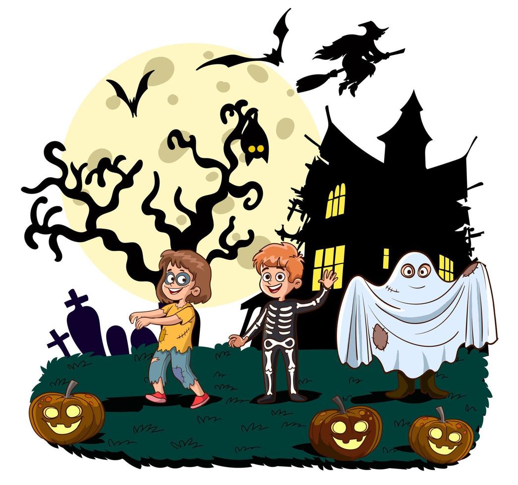feliz Halloween. niños vestidos con disfraces de halloween para ir a truco o trato. ilustración vectorial. vector