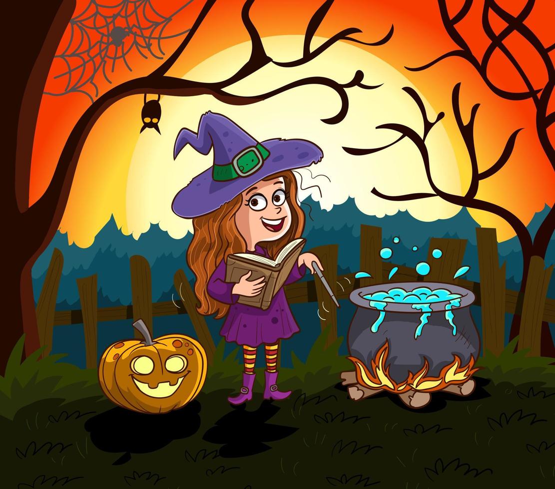 pequeña bruja de halloween. varita mágica y dulces en la mano. vector