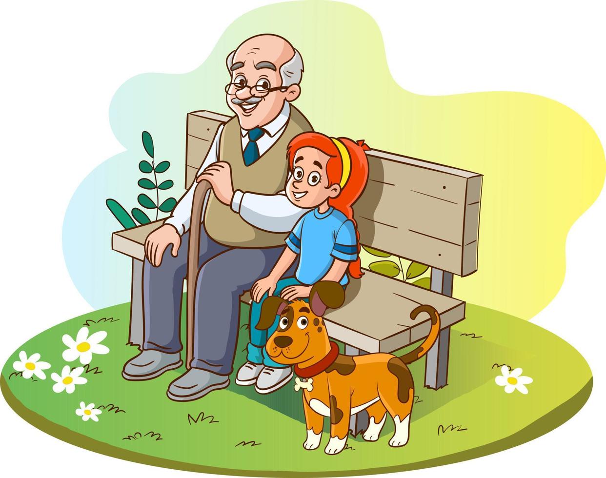 abuelo y nieta sentados en un banco vector