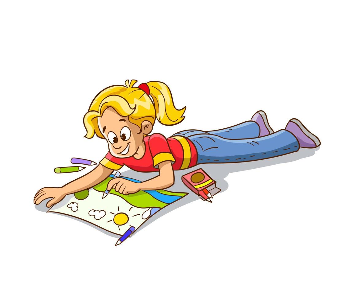 girl lying on the floor painting cartoon vector illustration