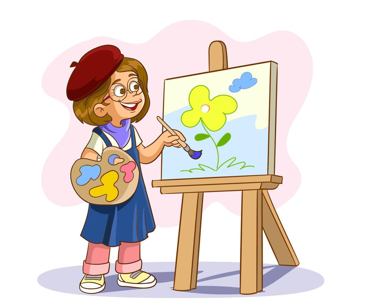 Art club after lessons for pupils. Girl standing with colorful paint palette and brush or tassel. Kid drawing painting on canvas or easel. Back to school concept. Flat cartoon vector illustration