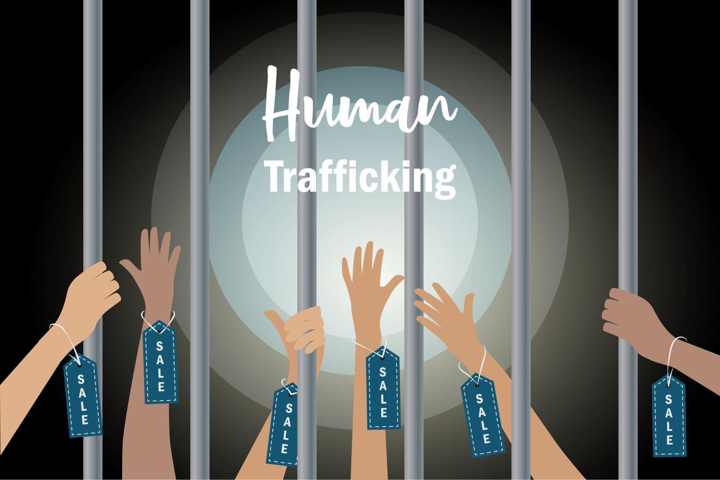 Human Trafficking and human rights concept. Abused hands with sale label tag imprisonment in jail bars asking hopeless for help. vector