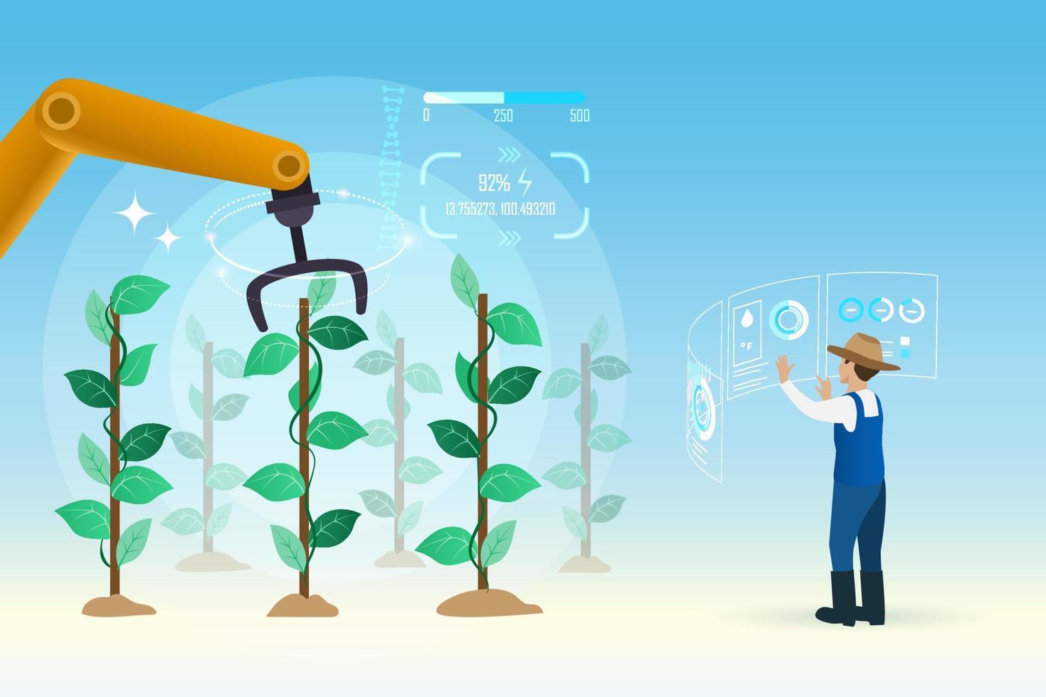 AI in futuristic agriculture. Farmer control robotic hand to provide essential water, fertilization and pest control. Smart agriculture farming technology to provide nutrients for plants. vector