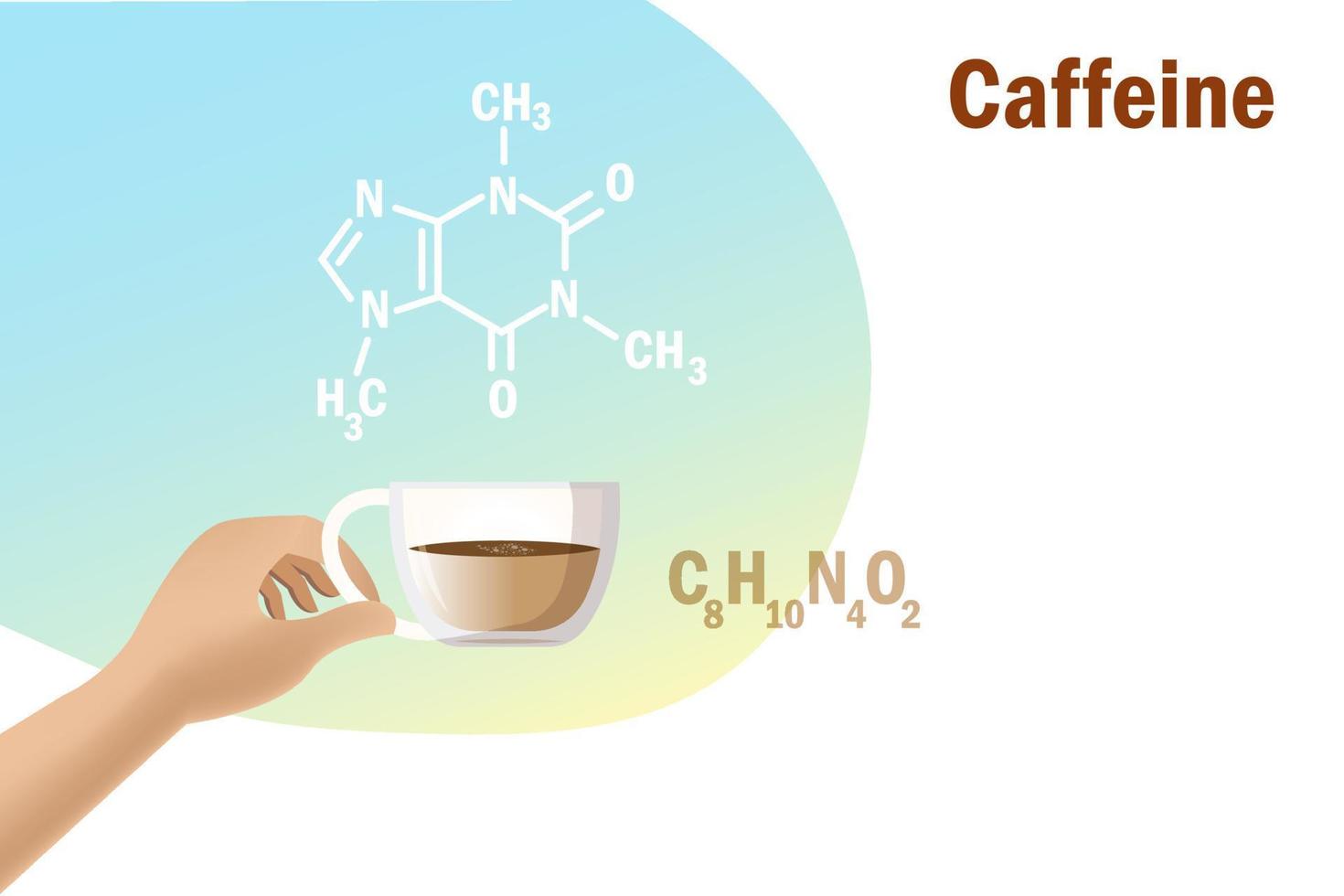Hand holding coffee cup with caffeine skeletal formula molecular structure. Chemistry and biological science education research on coffee, food science concept. vector
