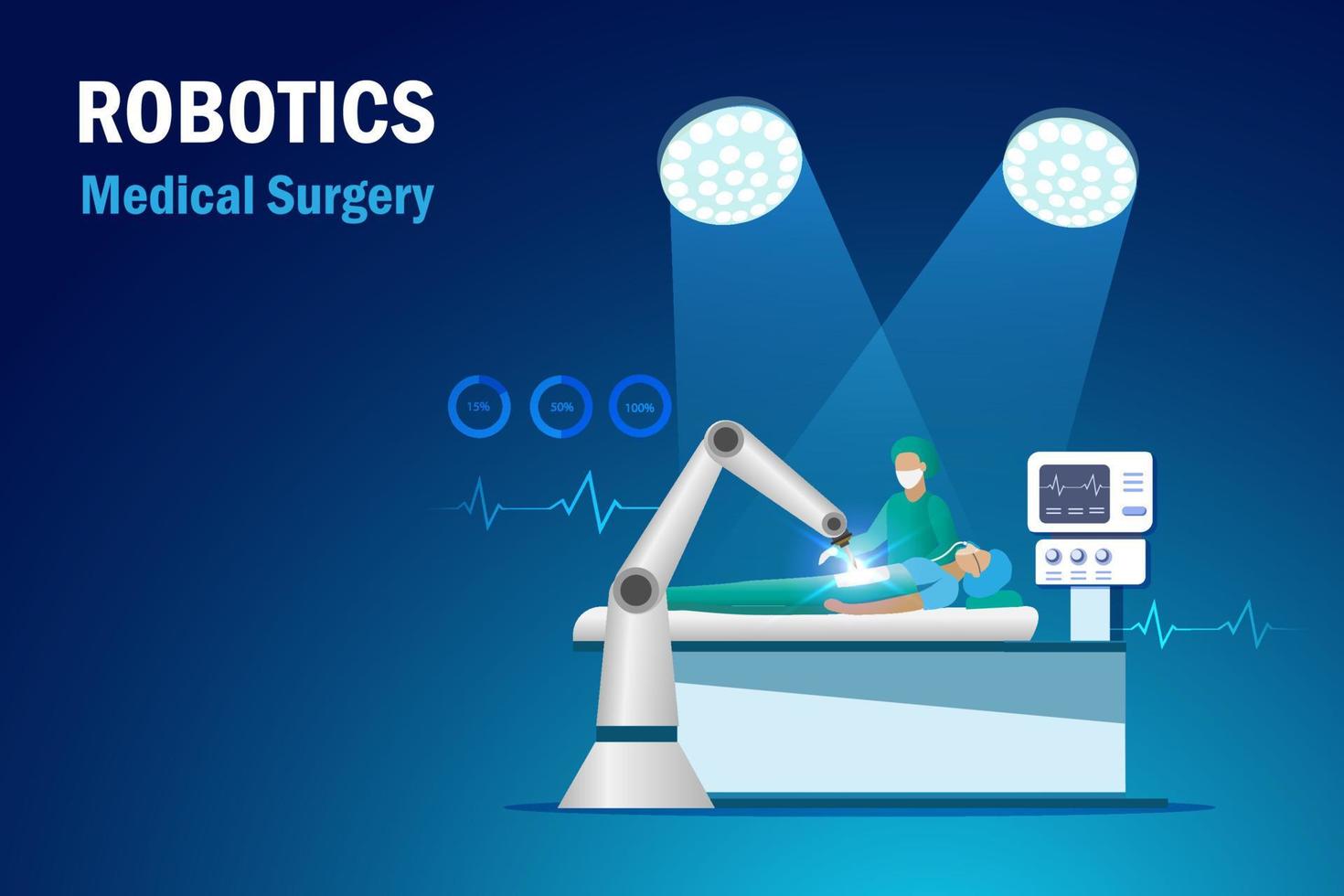 Robotic medical surgery. Robot arm operating patient in surgical room in hospital. AI intelligence innovation technology assist doctor in medical and health care business. vector