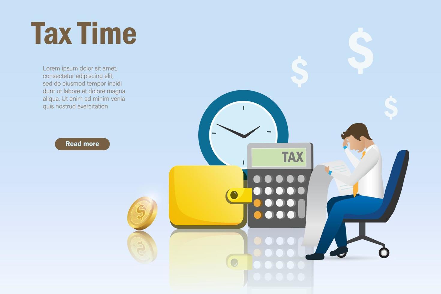 Tax time, income tax payment and expenses. Businessman feeling worried and confused holing bills from calculating fiscal income tax payment. vector