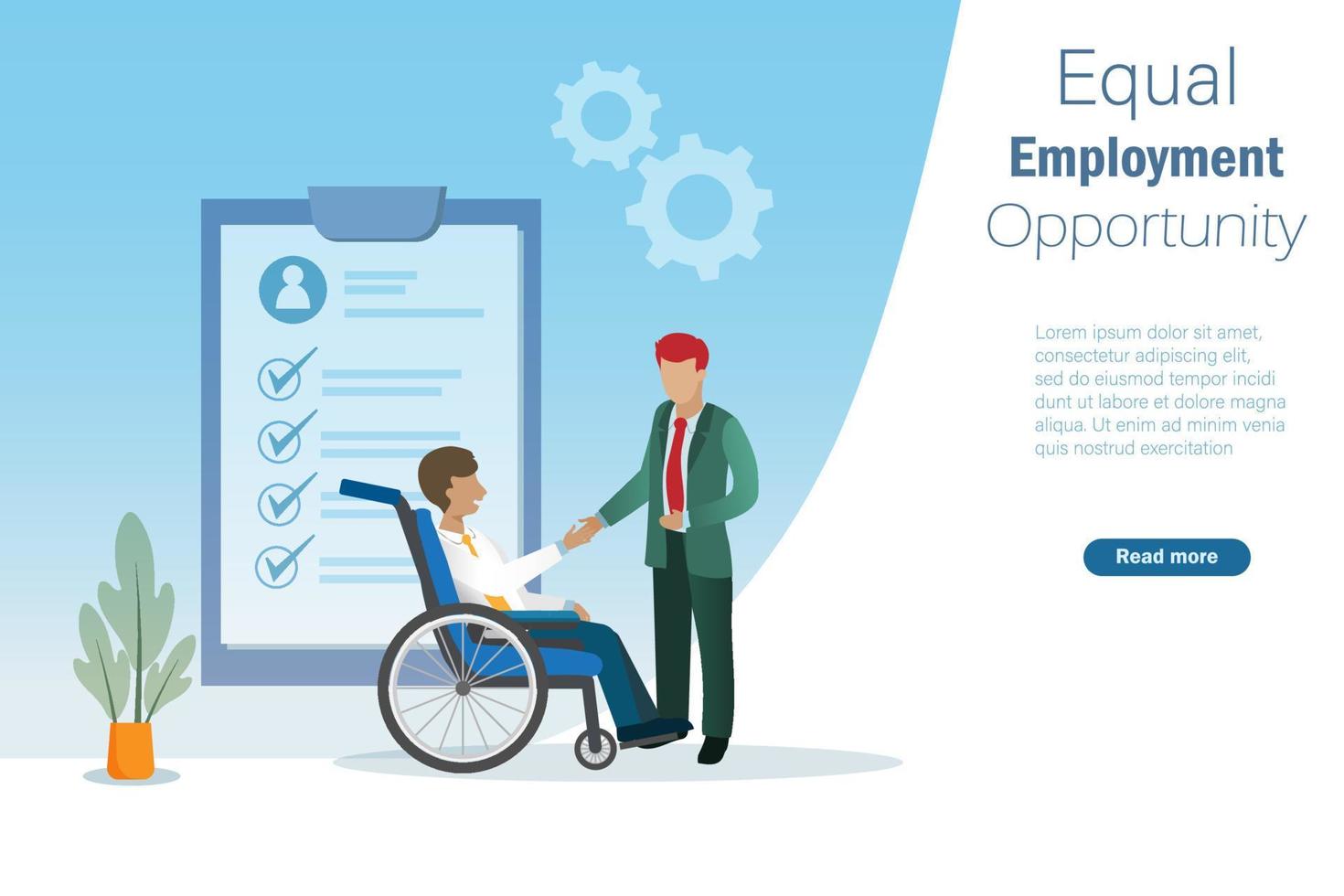 Equal employment opportunity and break the bias concept. Businessman handshake to hiring man on wheelchair to company. vector
