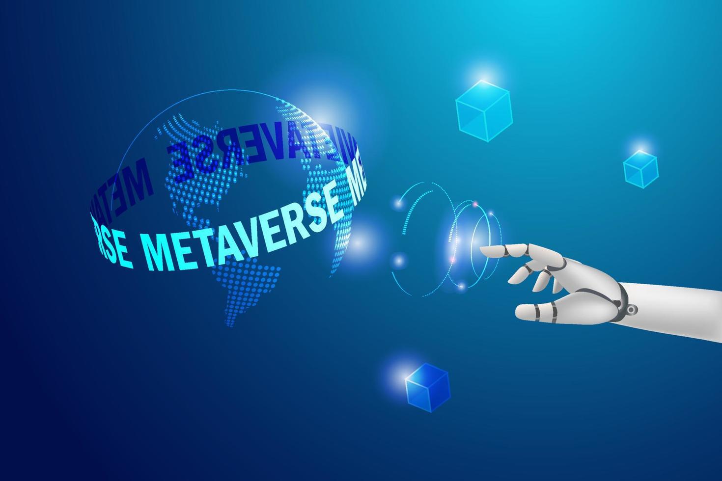 Robot hand touch world of metaverse, virtual reality, augmented reality and blockchain technology. Artificial intelligence in transition of human and robot on metaverse network connecting. vector