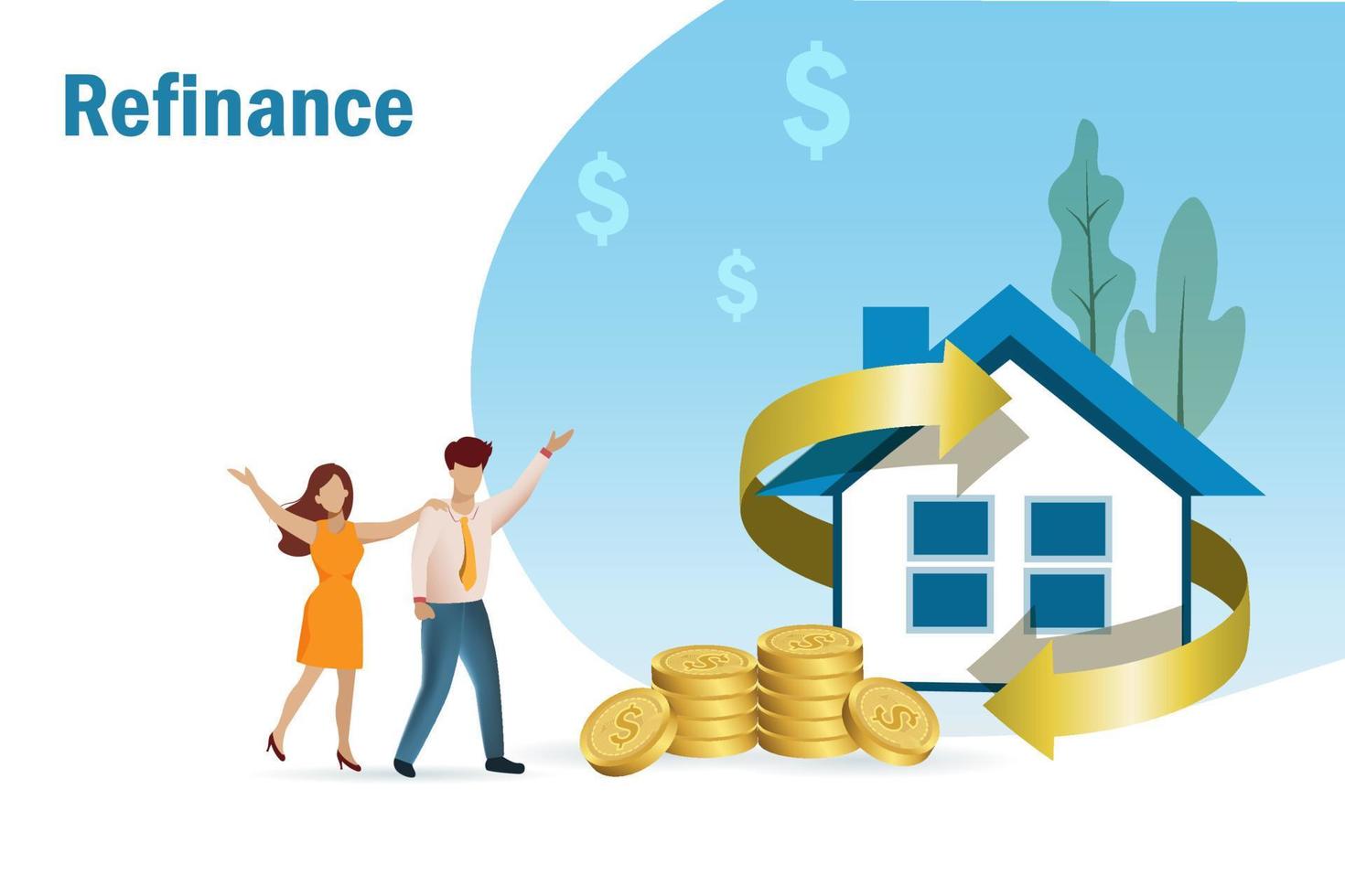 refinanciamiento de hipotecas, concepto de préstamo hipotecario. flecha de oro alrededor de la casa y pareja feliz con pila de monedas de oro. vector