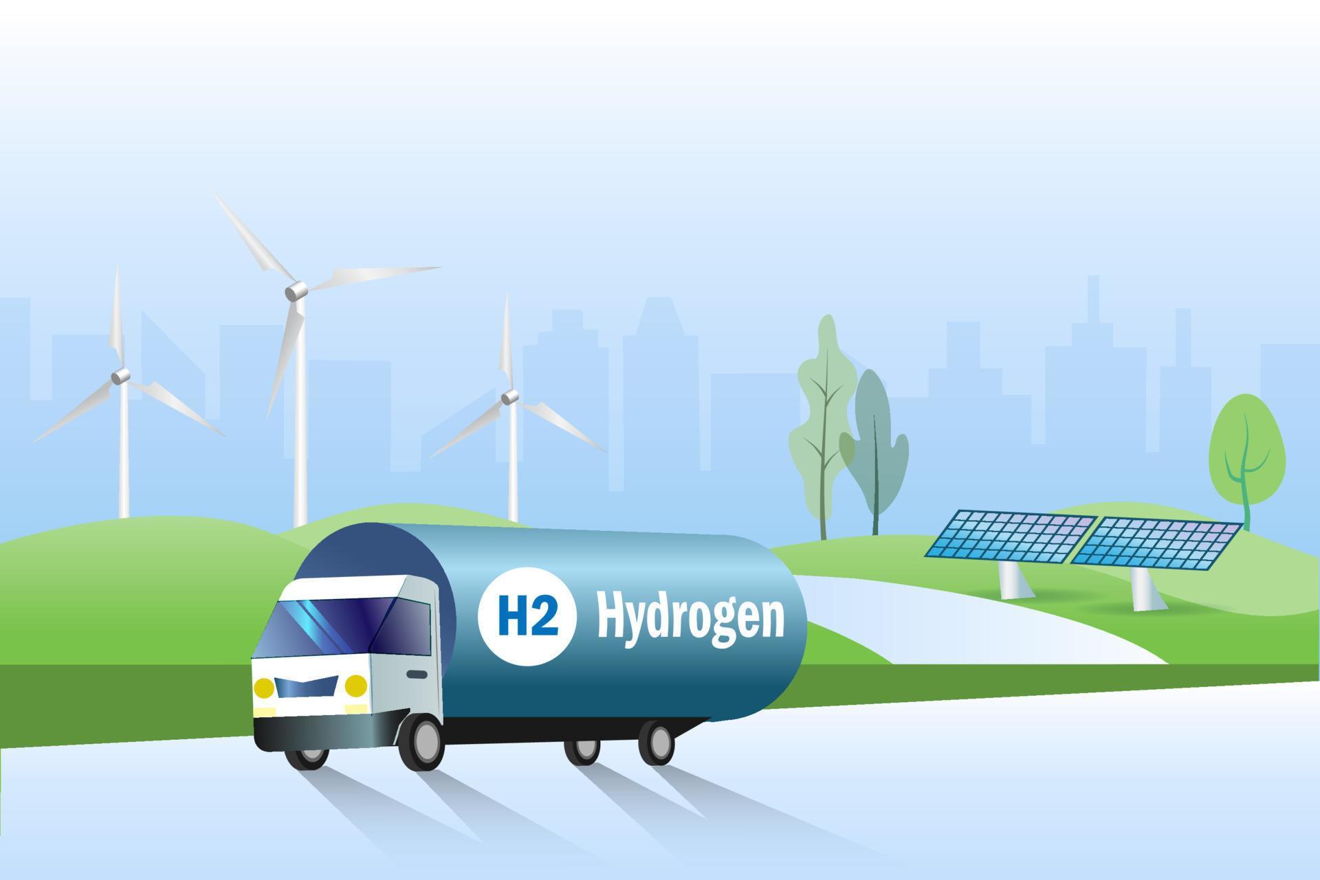 Hydrogen truck on road transport H2 Hydrogen fuel to gas stations 