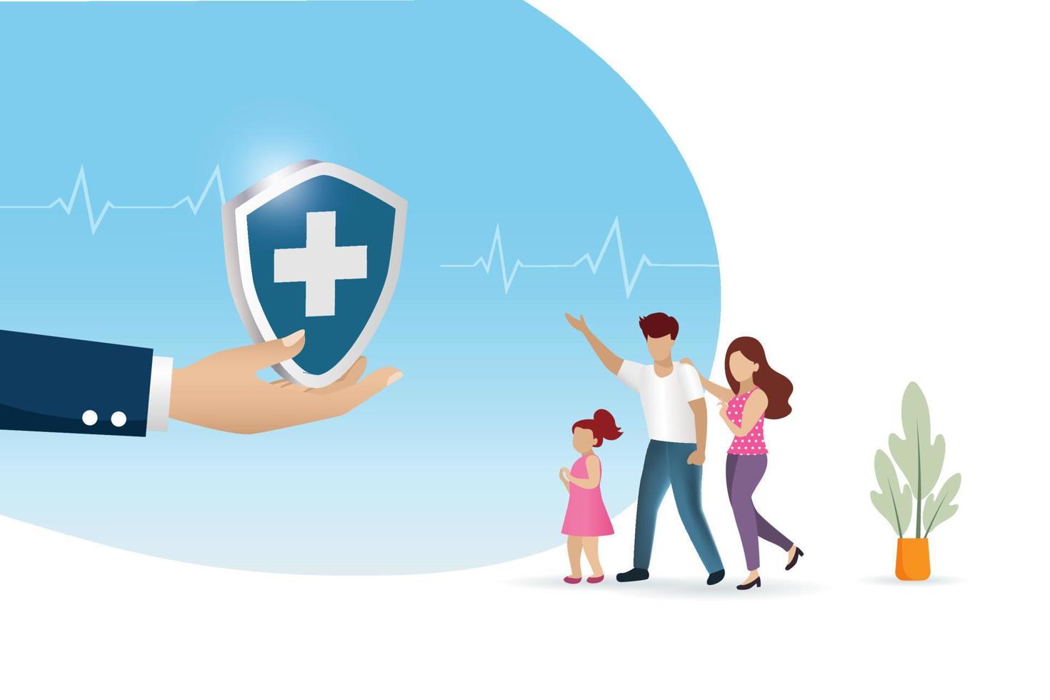 escudo de seguro médico y de salud de mano de agente de seguros para accidentes familiares y protección de la salud. vector