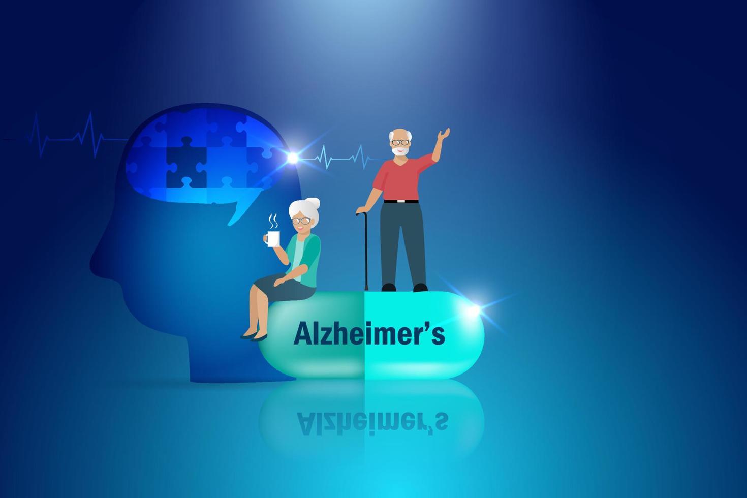 medicina de alzheimer para la demencia enfermedades de alzheimer. feliz pareja mayor se sienta en la píldora de la cápsula de alzheimer para luchar con los recuerdos y el cerebro perdido. día mundial del alzheimer y concepto de tratamiento terapéutico. vector