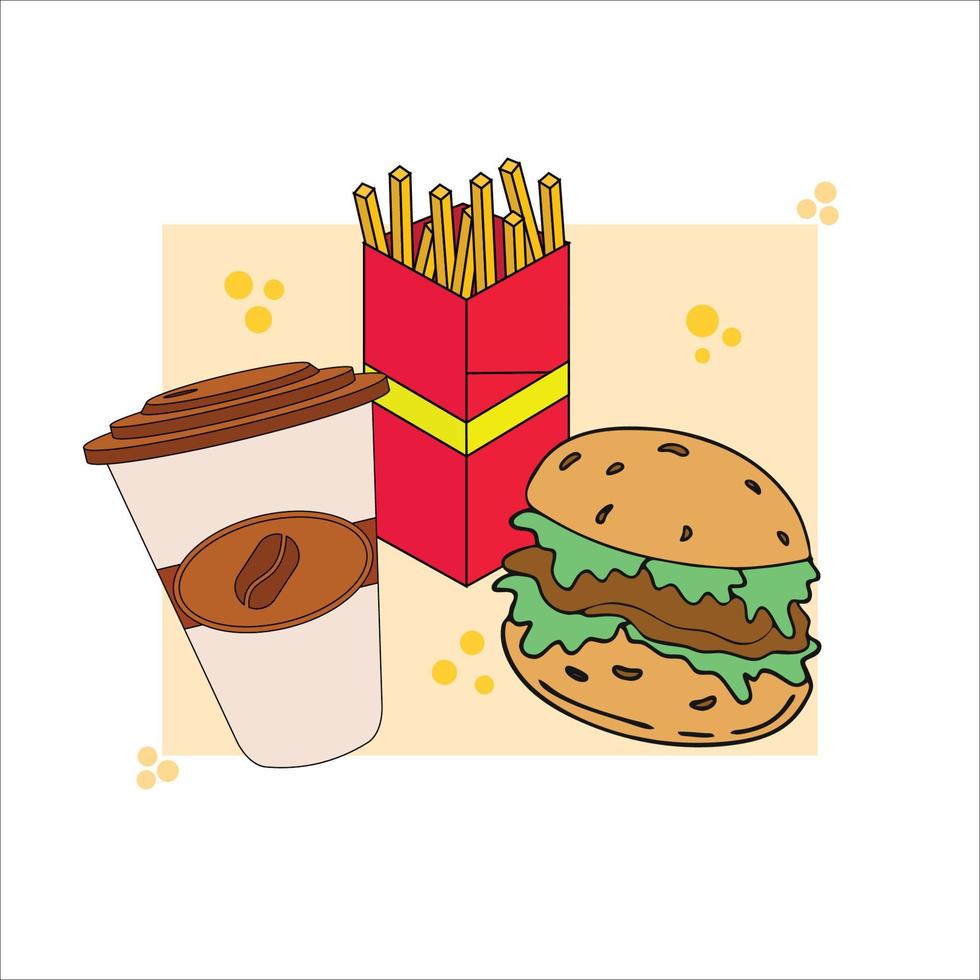 hamburguesa para llevar de comida rápida de decoración, taza de café, vector de papas fritas