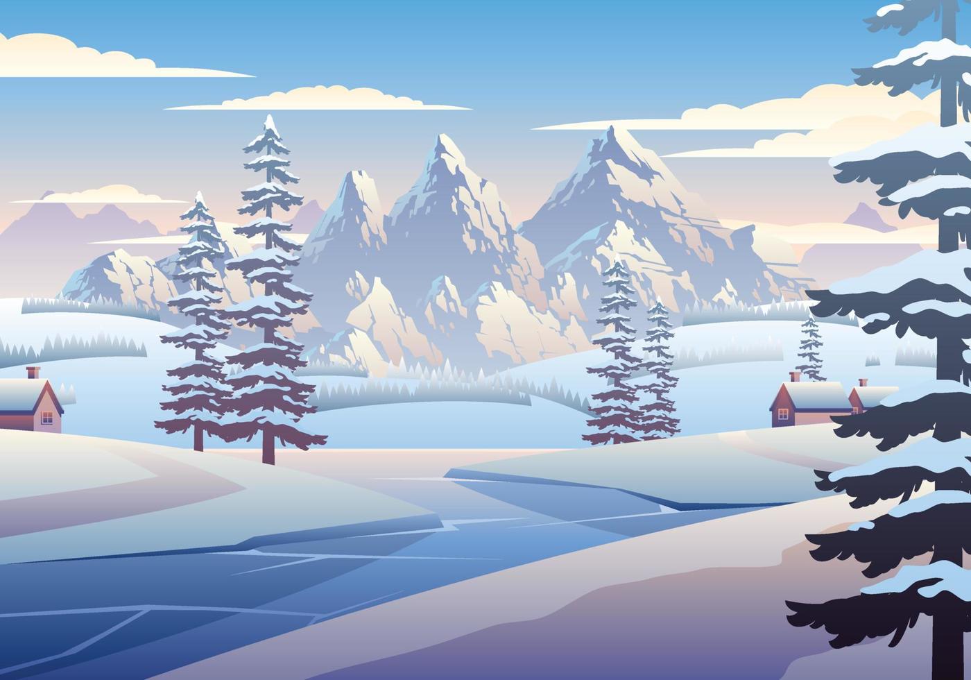 ilustración de paisaje de pueblo y montaña de invierno vector