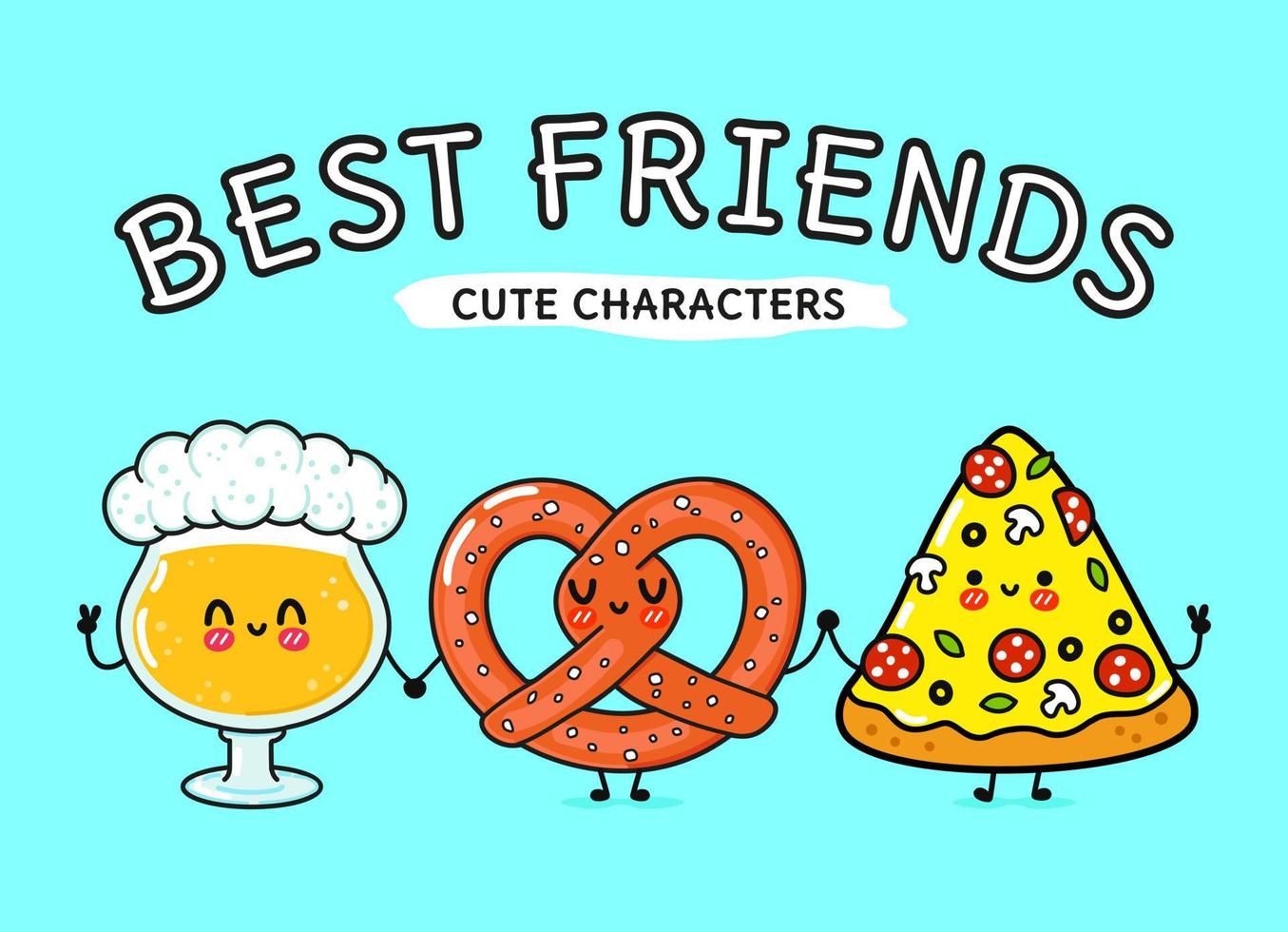Cute, funny happy glass of beer, pizza and pretzel. Vector hand drawn cartoon kawaii characters, illustration icon. Funny cartoon glass of beer, pizza and pretzel mascot friends concept
