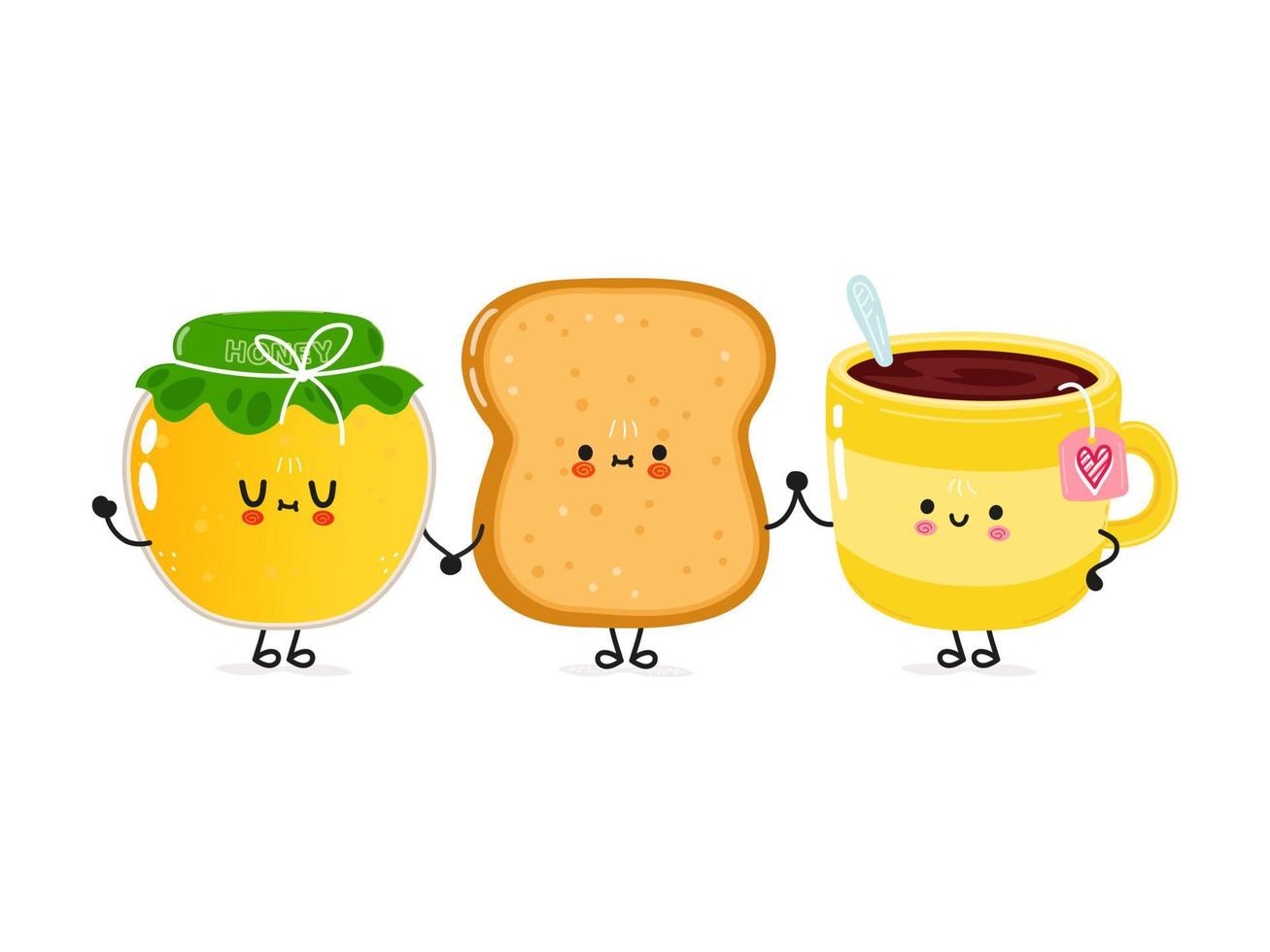 Cute happy toast cup of tea and honey card. Vector hand drawn doodle style cartoon character illustration icon design. Happy toast cup of tea and honey friends concept card