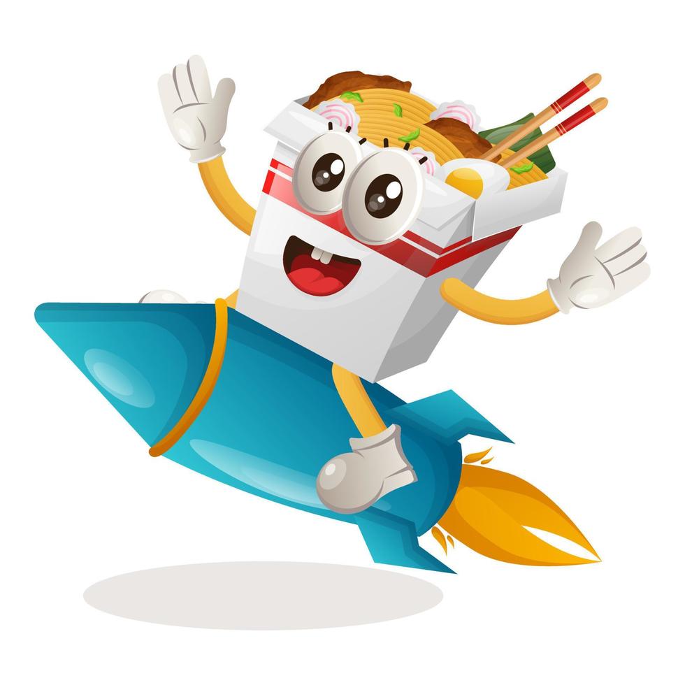 Cute ramen mascot flying on rocket vector