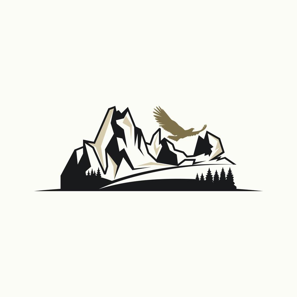 montaña de roca única pero simple con bosque y pájaro imagen icono gráfico diseño de logotipo concepto abstracto vector stock. se puede utilizar como símbolo relacionado con la aventura o el paisaje