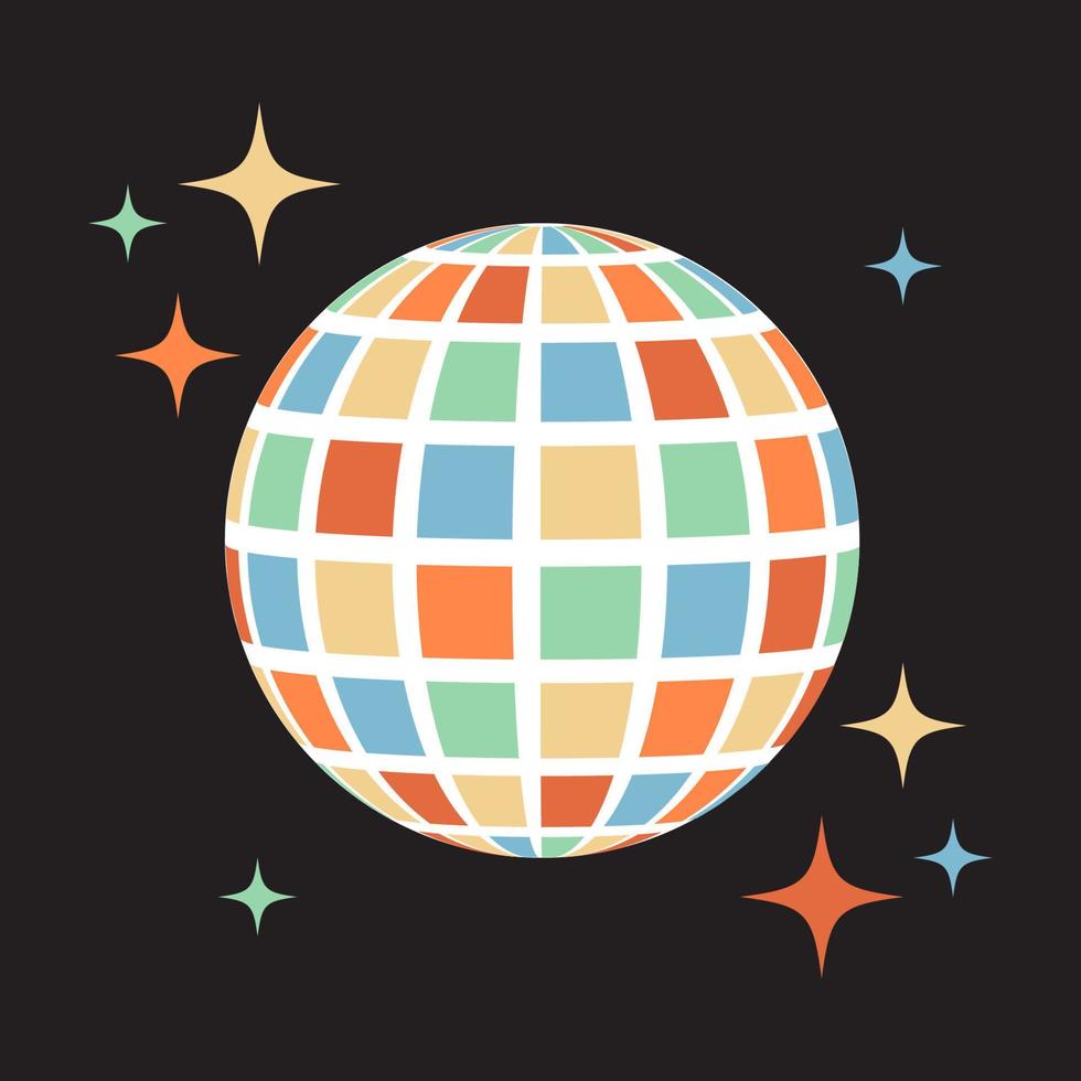 etiqueta engomada maravillosa de la bola de discoteca con estrellas retro. Estampado retro de los años 70 para camiseta gráfica. vector