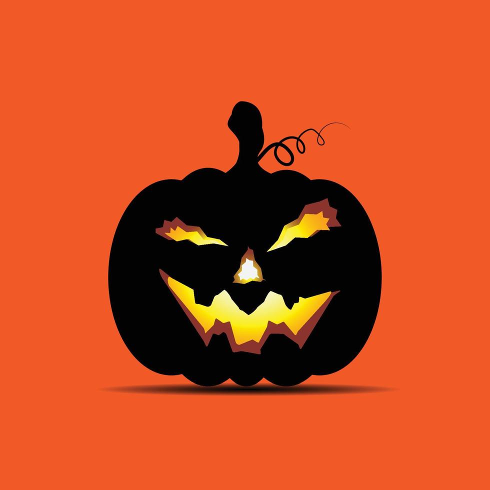 icono de calabaza de Halloween. vector. símbolo de otoño. diseño plano. calabaza aterradora de halloween con sonrisa, cara feliz. silueta aislada sobre fondo naranja. ilustración colorida de dibujos animados vector