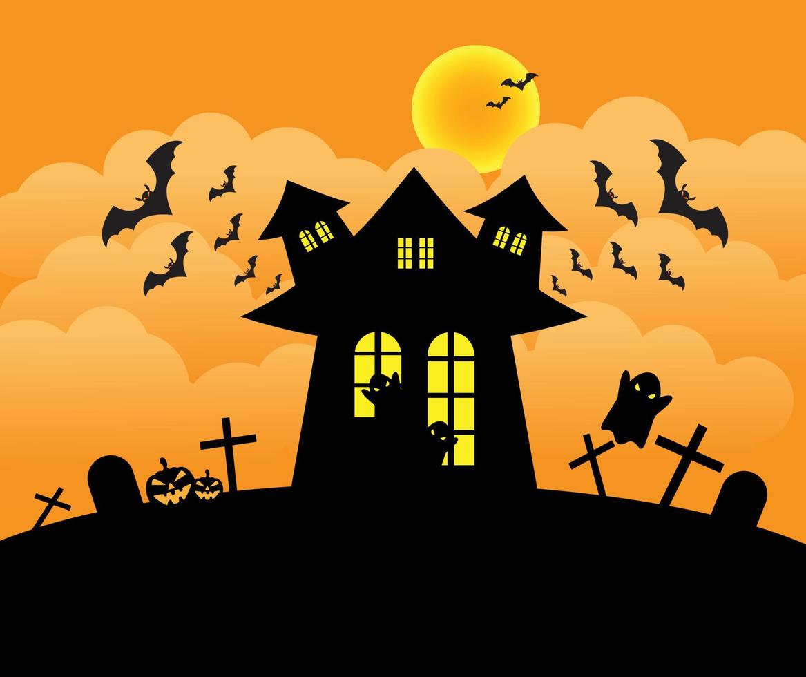 Dark halloween background with haunted house, scary house, Spooky house, mystical house, ghost, full moon and pumpkins. Vector illustration