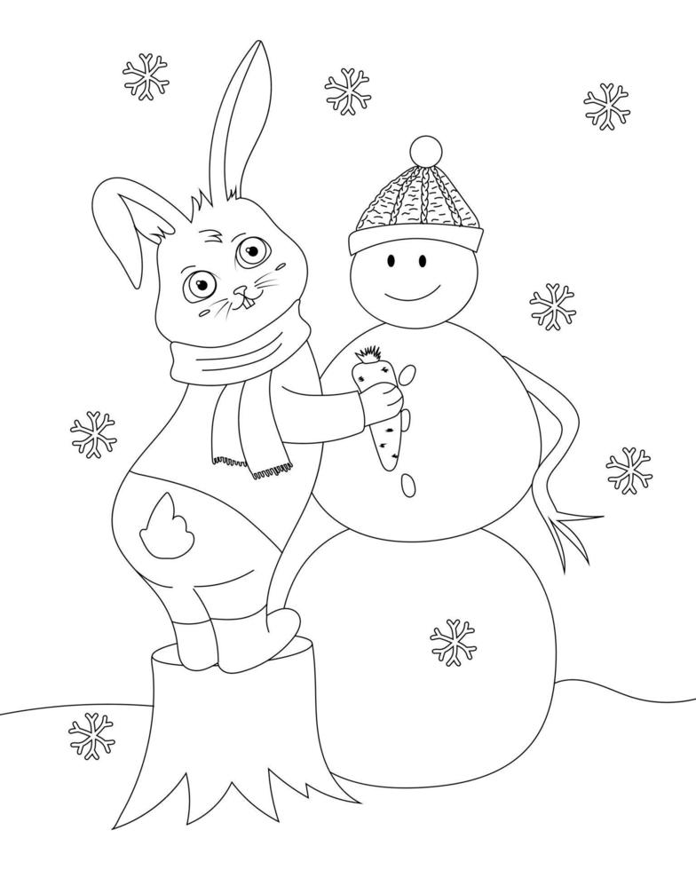 Rabbit trying to put down snowman's carrot nose. vector