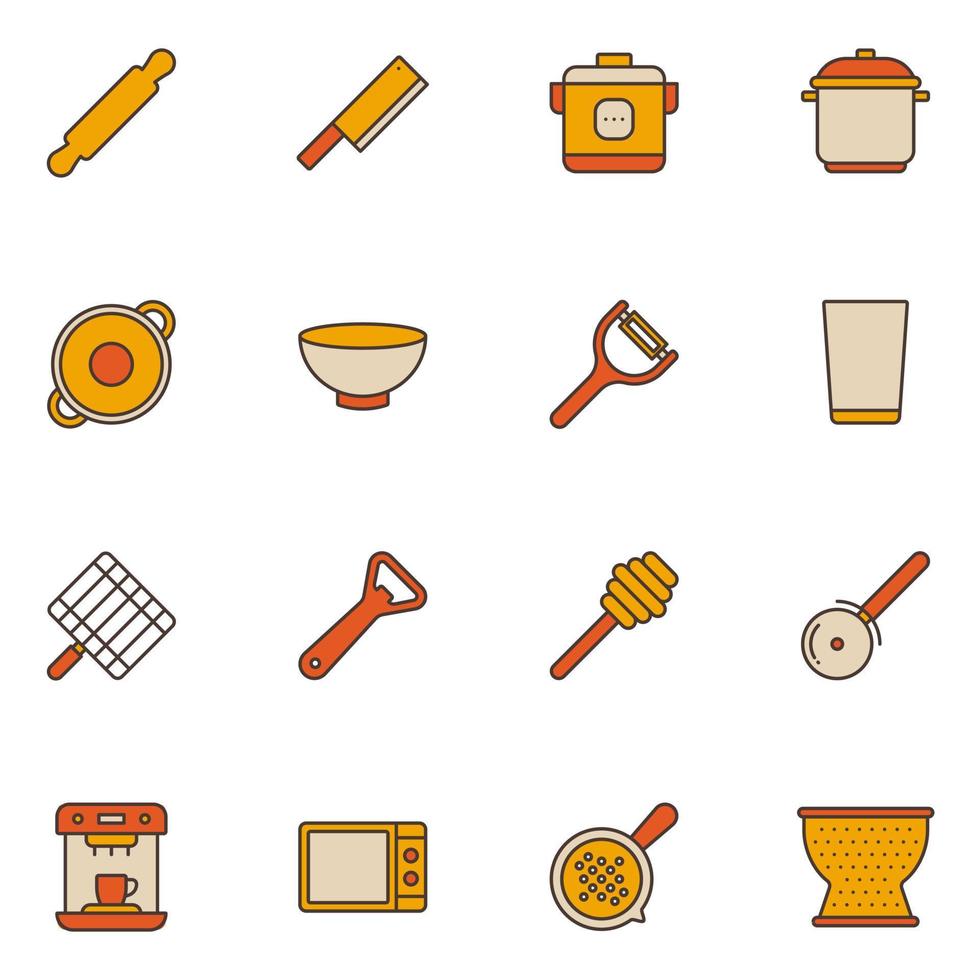 Kitchen Utensils Filled Line Icon Set vector
