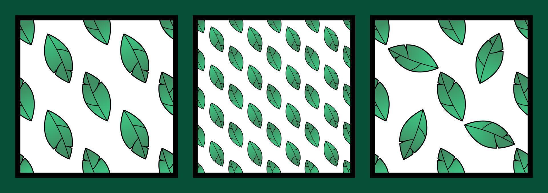 Set of three seamless natural patterns with green leaves on a white background. Freshness, organic, vegetarian concept vector