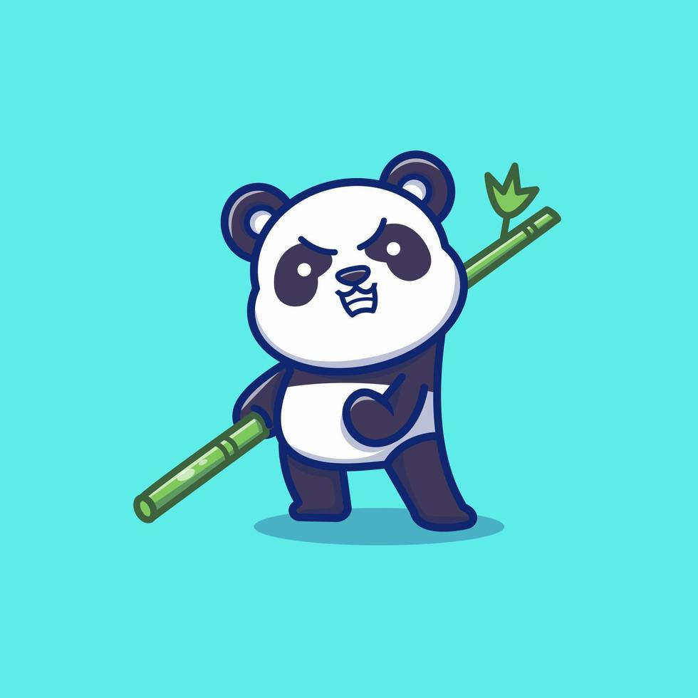 panda enojado sosteniendo ilustración de icono de vector de dibujos animados de bambú. concepto de icono de naturaleza animal vector premium aislado. estilo de dibujos animados plana