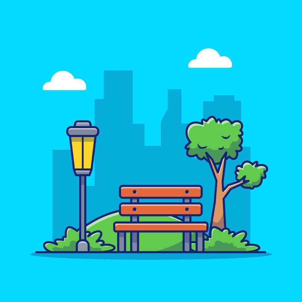 Park Bench And Lamp, Grass Cartoon Vector Icon Illustration. Outdoor Park Icon Concept Isolated Premium Vector. Flat Cartoon Style