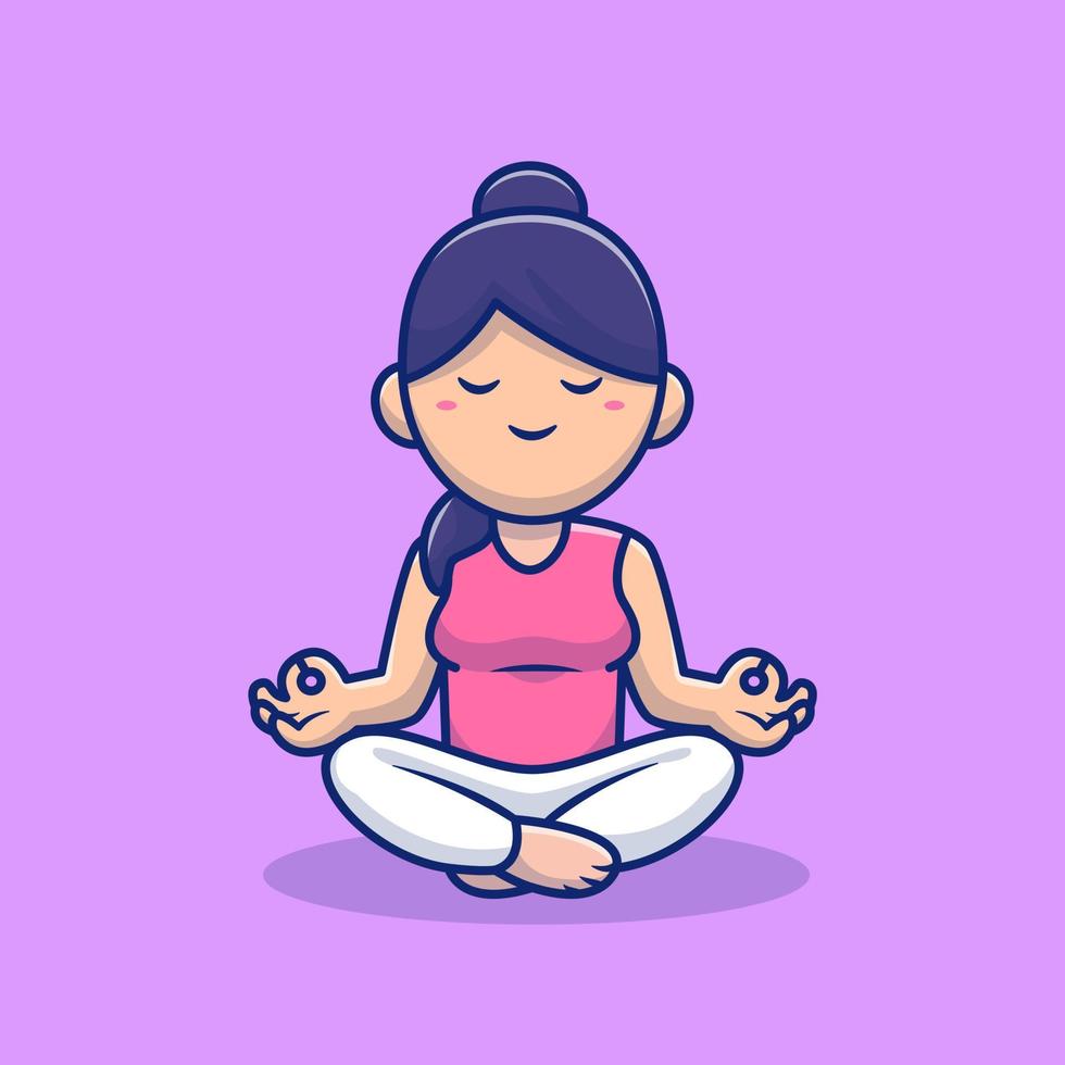 Cute Woman Meditating Yoga Cartoon Vector Icon Illustration. People And Sport Icon Concept Isolated Premium Vector. Flat Cartoon Style