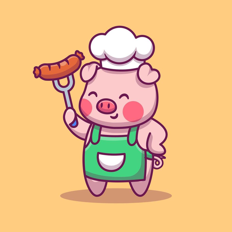Cute Chef Pig Holding Sausage Cartoon Vector Icon Illustration. Animal And Food Icon Concept Isolated Premium Vector. Flat Cartoon Style