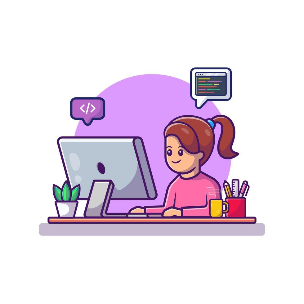 Cute Girl Working On Computer Cartoon Vector Icon Illustration. People And Technology Icon Concept Isolated Premium Vector. Flat Cartoon Style