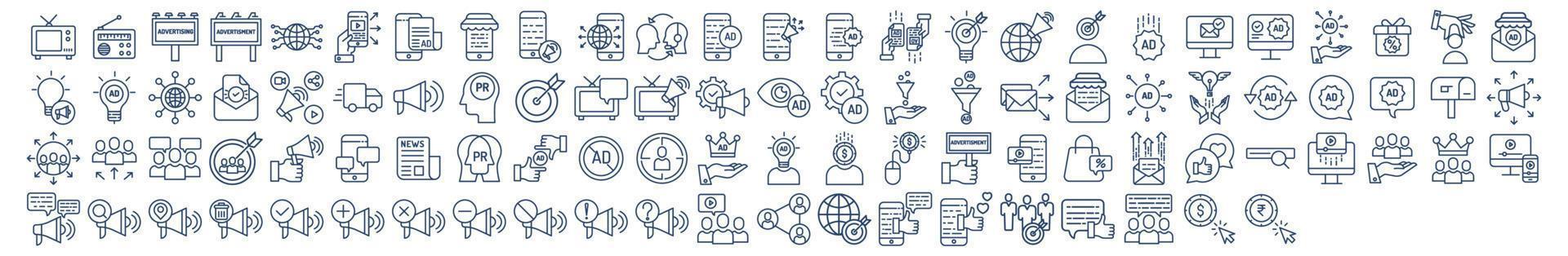 Collection of icons related toAdvertisement and marketing, including icons like shop, online marketing, computer and more. vector illustrations, Pixel Perfect
